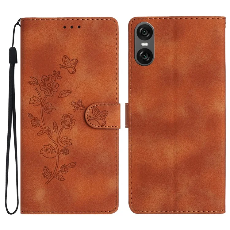 For Sony Xperia 10 VI Case Leather Imprinted Flower Phone Cover Wallet with Wrist Strap - Brown