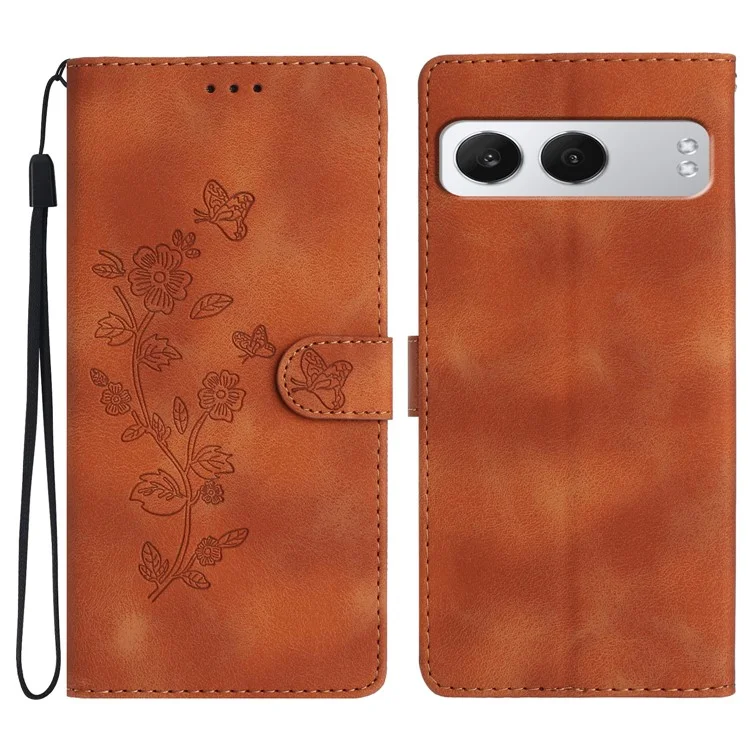 Pour OnePlus Nord 4 Case en Cuir Imprimé de Fleur de Fleur Portefeuille Avec Bracelet de Poignet - Brun