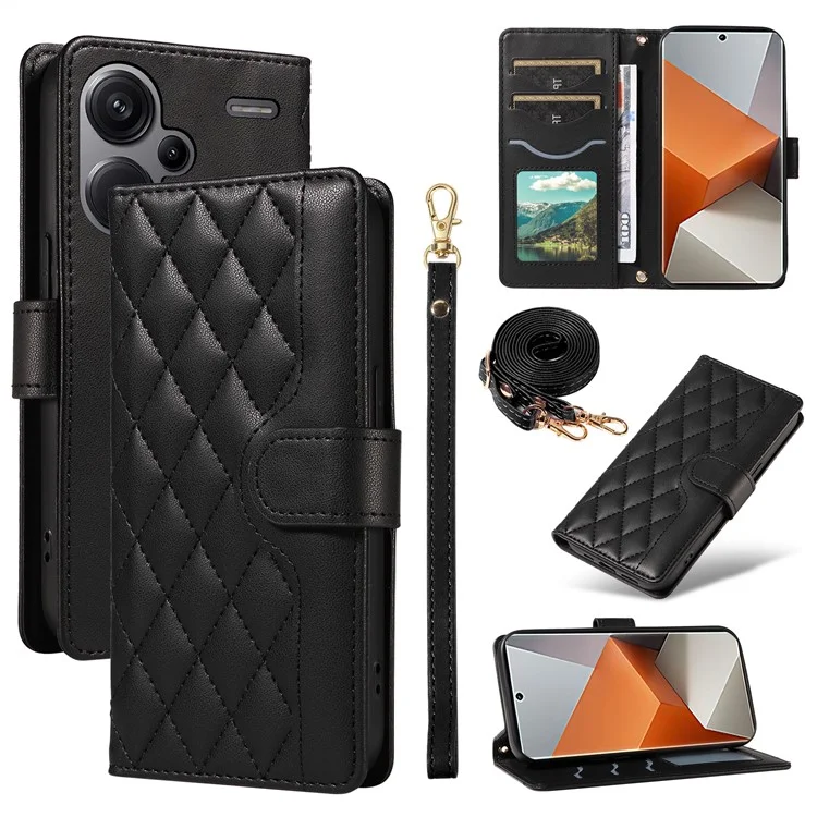 Для Xiaomi Redmi Note 13 Pro+ 5G Case Case Wallet Rombus Кожаный Телефон с Плечевым Ремнем, Ремешком Для Запястья - Черный