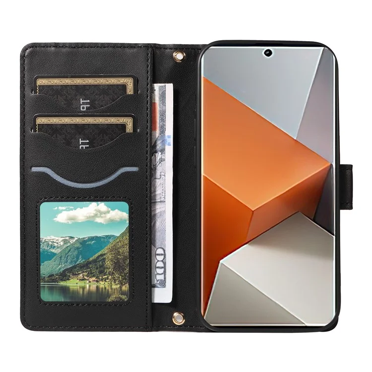 Для Xiaomi Redmi Note 13 Pro+ 5G Case Case Wallet Rombus Кожаный Телефон с Плечевым Ремнем, Ремешком Для Запястья - Черный