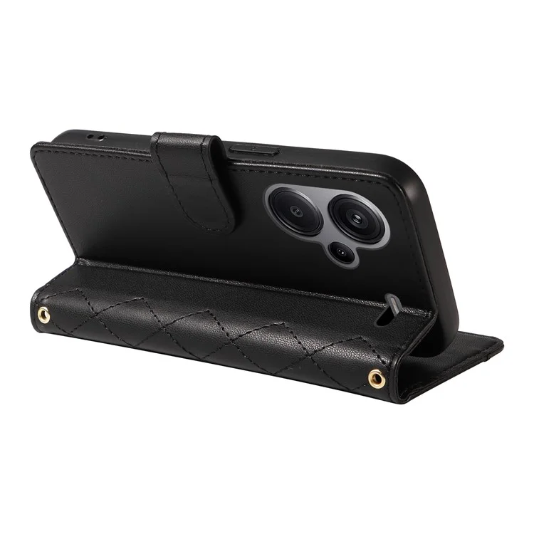 Для Xiaomi Redmi Note 13 Pro+ 5G Case Case Wallet Rombus Кожаный Телефон с Плечевым Ремнем, Ремешком Для Запястья - Черный