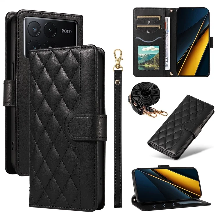 For Xiaomi Poco X6 Pro 5G / Redmi K70E 5G Case Wallet Rhombus Leather Phone Cover with Shoulder Strap, Wrist Strap - Black