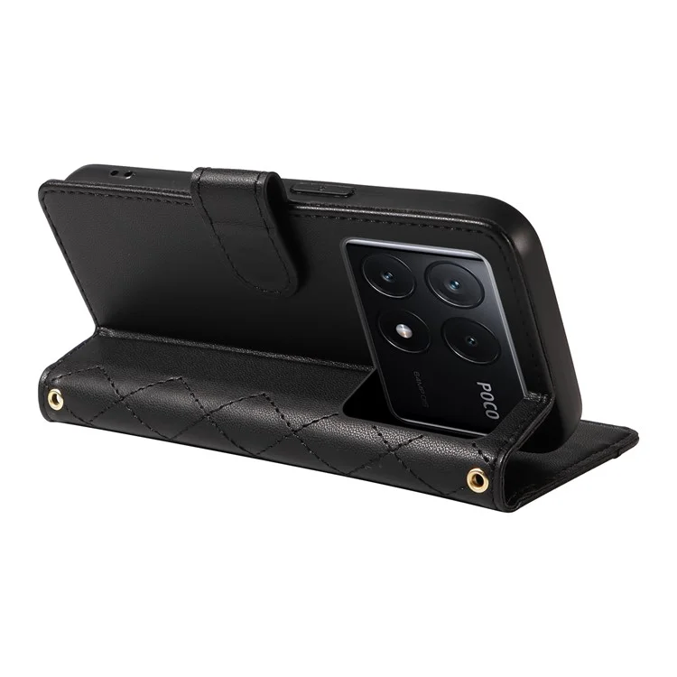 For Xiaomi Poco X6 Pro 5G / Redmi K70E 5G Case Wallet Rhombus Leather Phone Cover with Shoulder Strap, Wrist Strap - Black