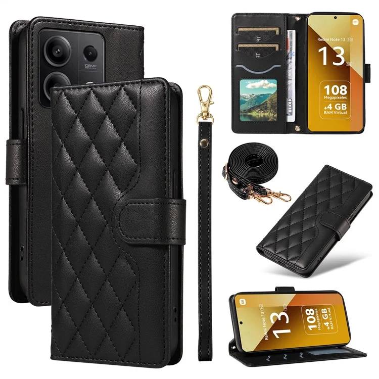 For Xiaomi Redmi Note 13 5G Case Wallet Rhombus Leather Phone Cover with Shoulder Strap, Wrist Strap - Black