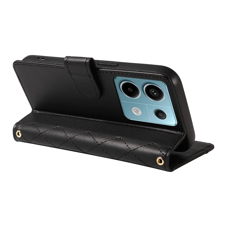 For Xiaomi Poco X6 5G / Redmi Note 13 Pro 5G Case Wallet Rhombus Leather Phone Cover with Shoulder Strap, Wrist Strap - Black