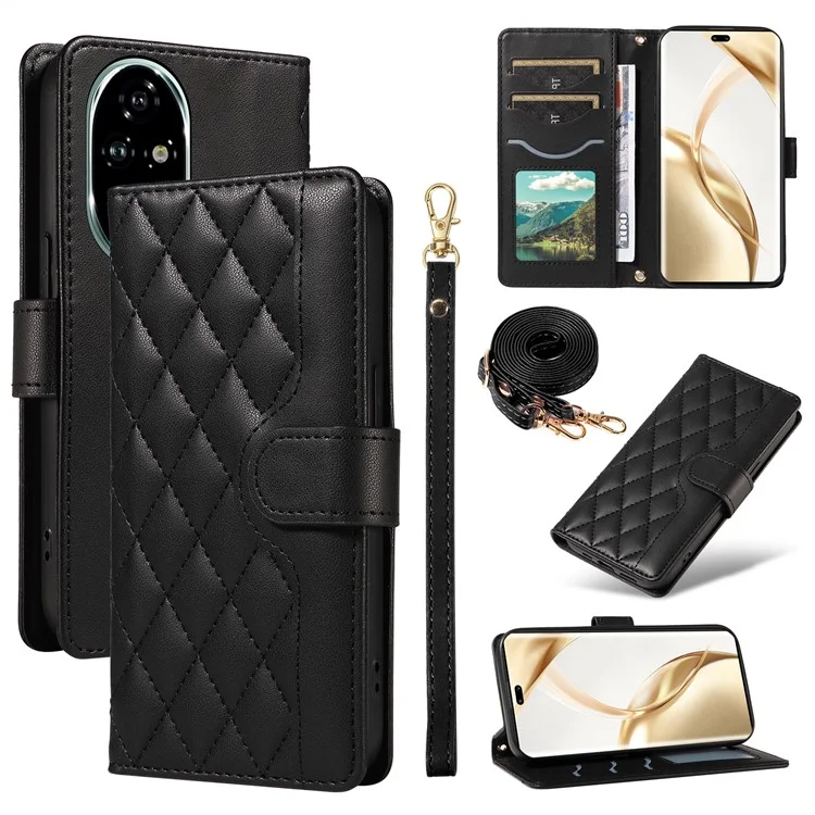 Para Honor 200 Pro 5G Case Wallet Rhombus Cuero Cubierta Con Correa Para el Hombro, Correa de Muñeca - Negro
