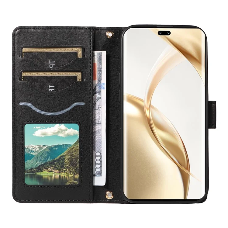Para Honor 200 Pro 5G Case Wallet Rhombus Cuero Cubierta Con Correa Para el Hombro, Correa de Muñeca - Negro