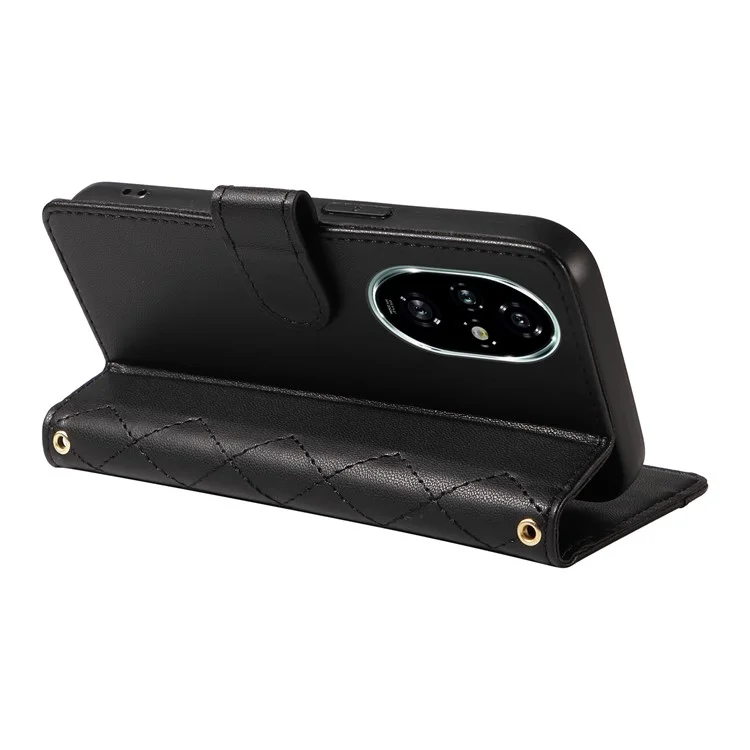 Para Honor 200 Pro 5G Case Wallet Rhombus Cuero Cubierta Con Correa Para el Hombro, Correa de Muñeca - Negro