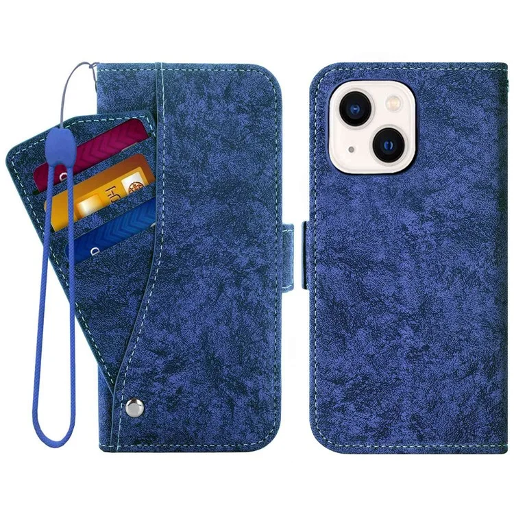 Para Iphone 14 Plus Pintura Aquática Pintura de Textura Capa Celular PU Couro de Couro Rotativo Slots Stand Stand Wallet Shell - Azul
