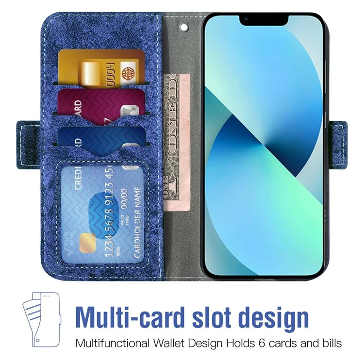 Para Iphone 14 Plus Pintura Aquática Pintura de Textura Capa Celular PU Couro de Couro Rotativo Slots Stand Stand Wallet Shell - Azul