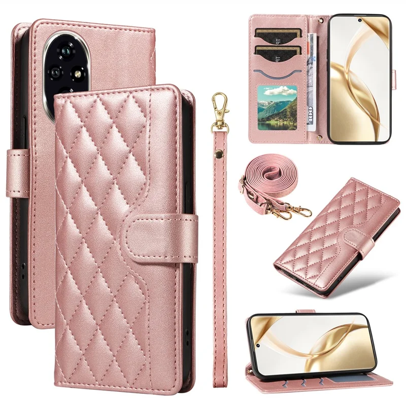 For Honor 200 5G Case Wallet Rhombus Leather Phone Cover with Shoulder Strap, Wrist Strap - Rose Gold