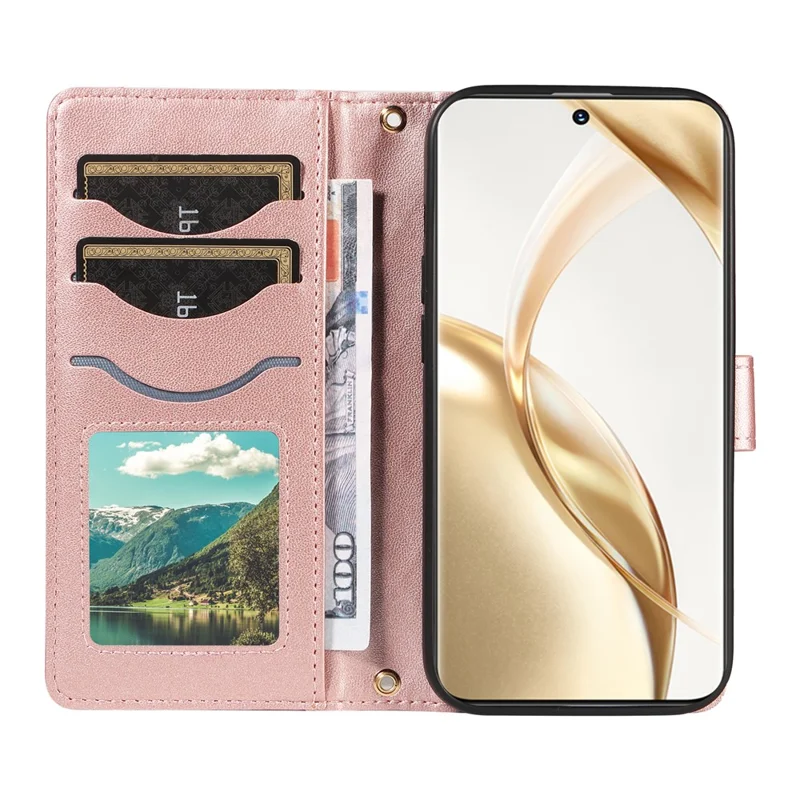 For Honor 200 5G Case Wallet Rhombus Leather Phone Cover with Shoulder Strap, Wrist Strap - Rose Gold