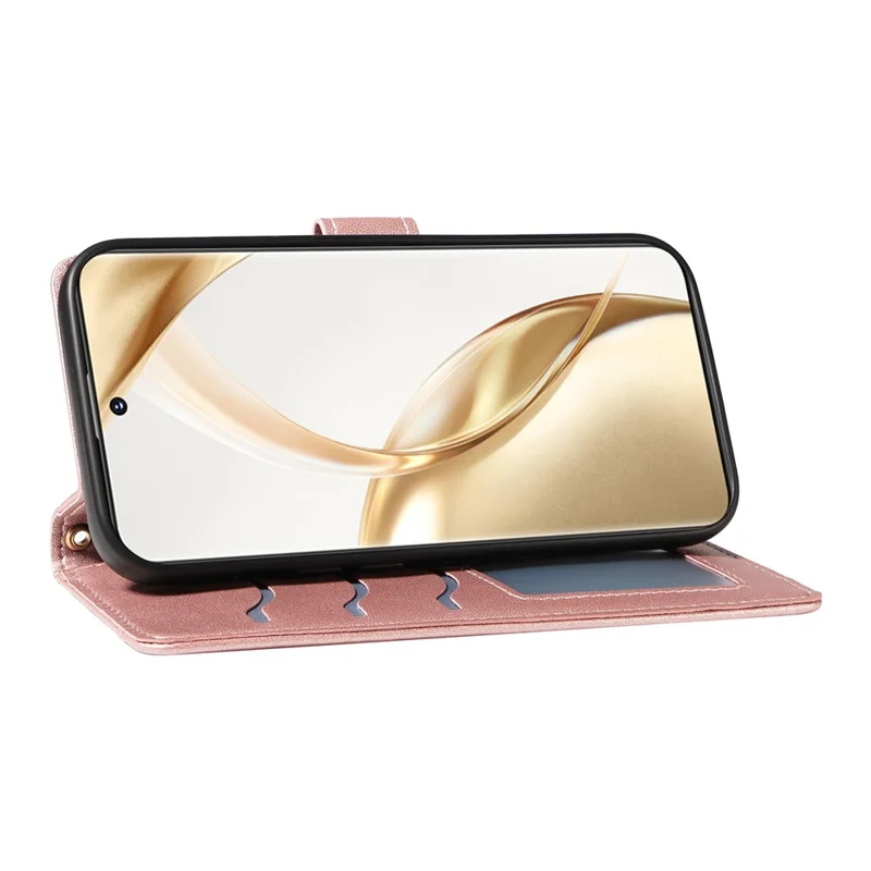 For Honor 200 5G Case Wallet Rhombus Leather Phone Cover with Shoulder Strap, Wrist Strap - Rose Gold