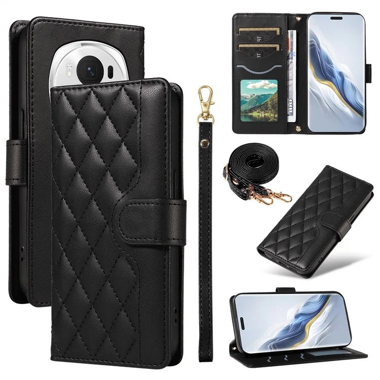 Для Honor Magic6 Pro 5G Case Wallet Rombus Кожаный Телефон с Помощью Плечевого Ремня, Запястья Ремешок - Черный