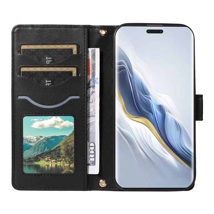 Для Honor Magic6 Pro 5G Case Wallet Rombus Кожаный Телефон с Помощью Плечевого Ремня, Запястья Ремешок - Черный