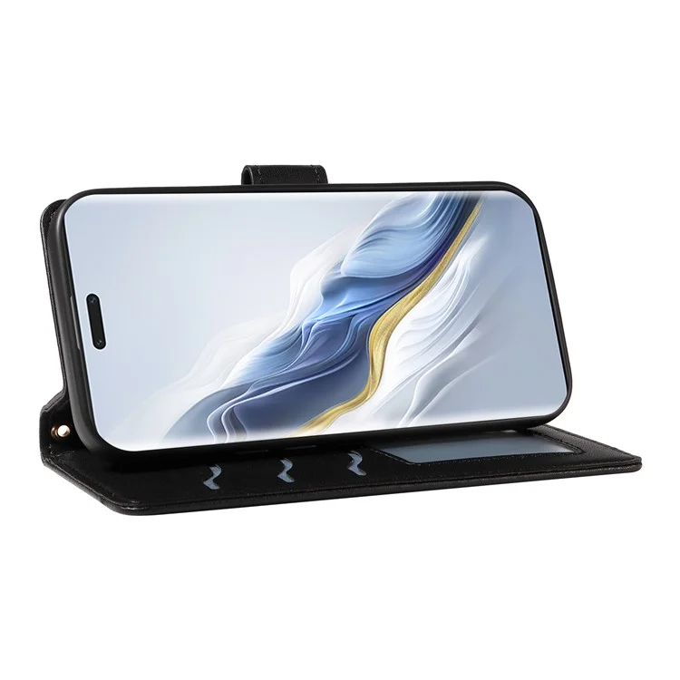 Для Honor Magic6 Pro 5G Case Wallet Rombus Кожаный Телефон с Помощью Плечевого Ремня, Запястья Ремешок - Черный