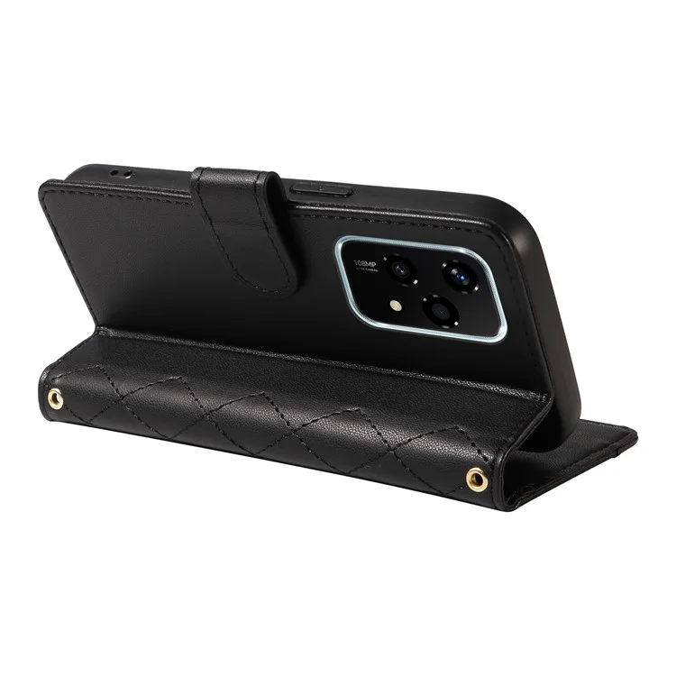 Pour Honor 200 Lite Case Wallet Rhombus le Cuir Couvercle de Téléphone Avec Bandoulière, Bracelet de Poignet - Noir