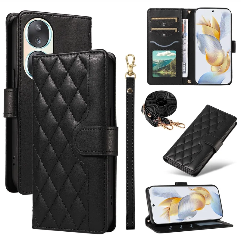 Para Honor 90 Case Willet Rhombus Cuero Cover Con Correa Para el Hombro, Correa de Muñeca - Negro