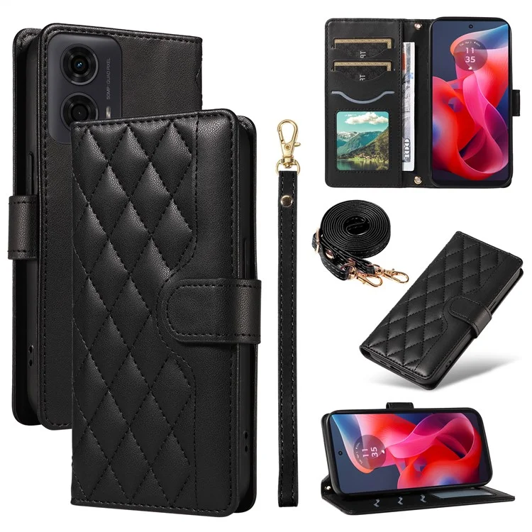 Per Motorola Moto E14 4G / G04 4G / G04s 4G / G24 4G Custodia Wallet Rhombus Leather Phone Cover con Tracolla, Cinturino da Polso - Nero