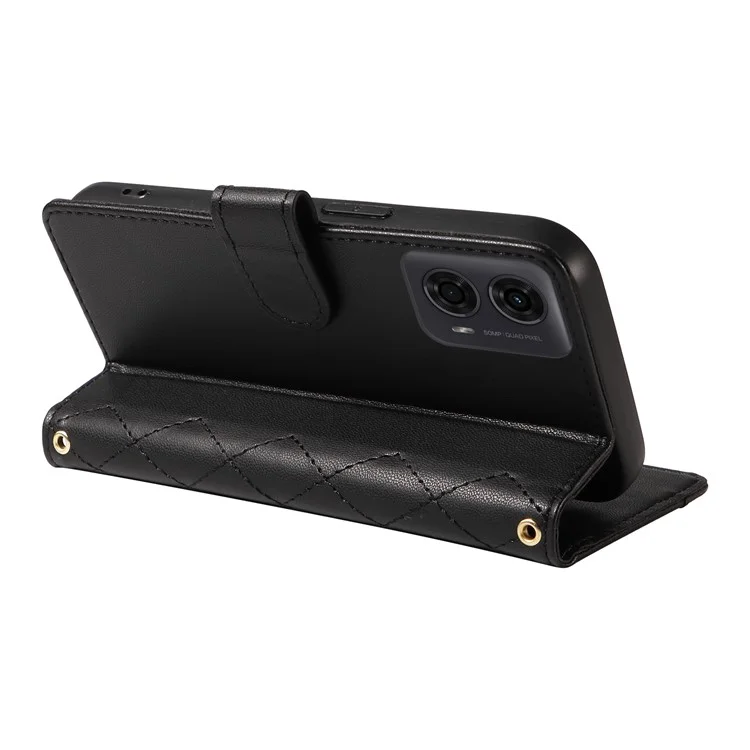 Per Motorola Moto E14 4G / G04 4G / G04s 4G / G24 4G Custodia Wallet Rhombus Leather Phone Cover con Tracolla, Cinturino da Polso - Nero