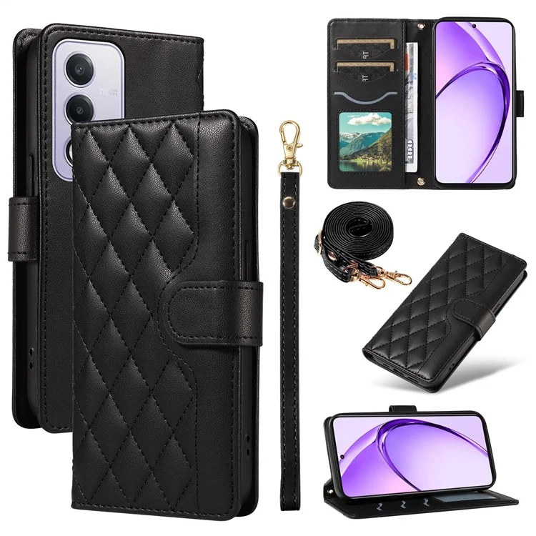 Para Oppo A3 Pro (Global) 5G Case Willet Rombus Cubierta de Teléfono de Cuero Con Correa Para el Hombro, Correa de Muñeca - Negro