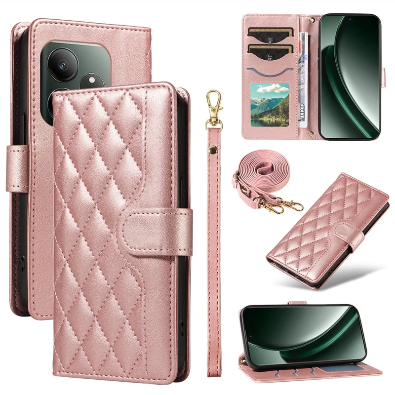 For Realme GT 6 5G Case Wallet Rhombus Leather Phone Cover with Shoulder Strap, Wrist Strap - Rose Gold