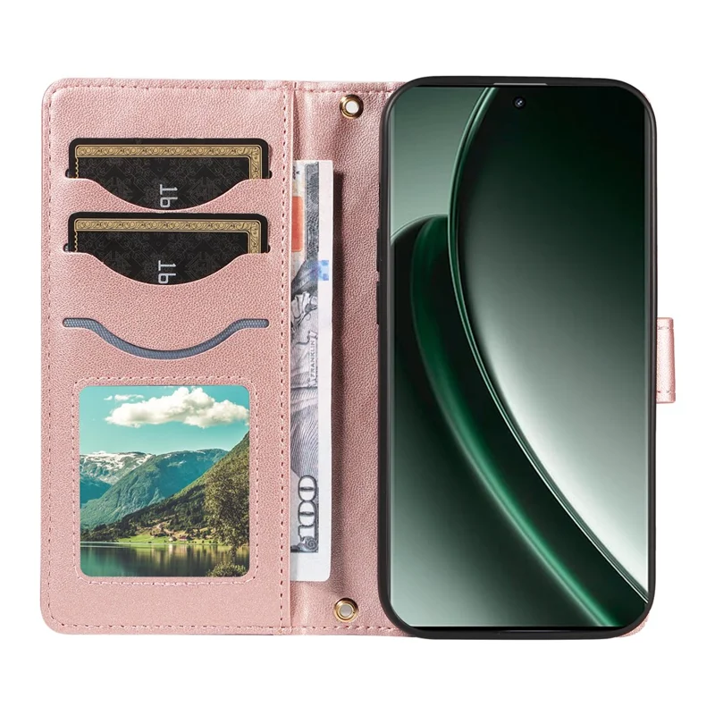 For Realme GT 6 5G Case Wallet Rhombus Leather Phone Cover with Shoulder Strap, Wrist Strap - Rose Gold