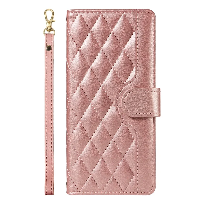 For Realme GT 6 5G Case Wallet Rhombus Leather Phone Cover with Shoulder Strap, Wrist Strap - Rose Gold