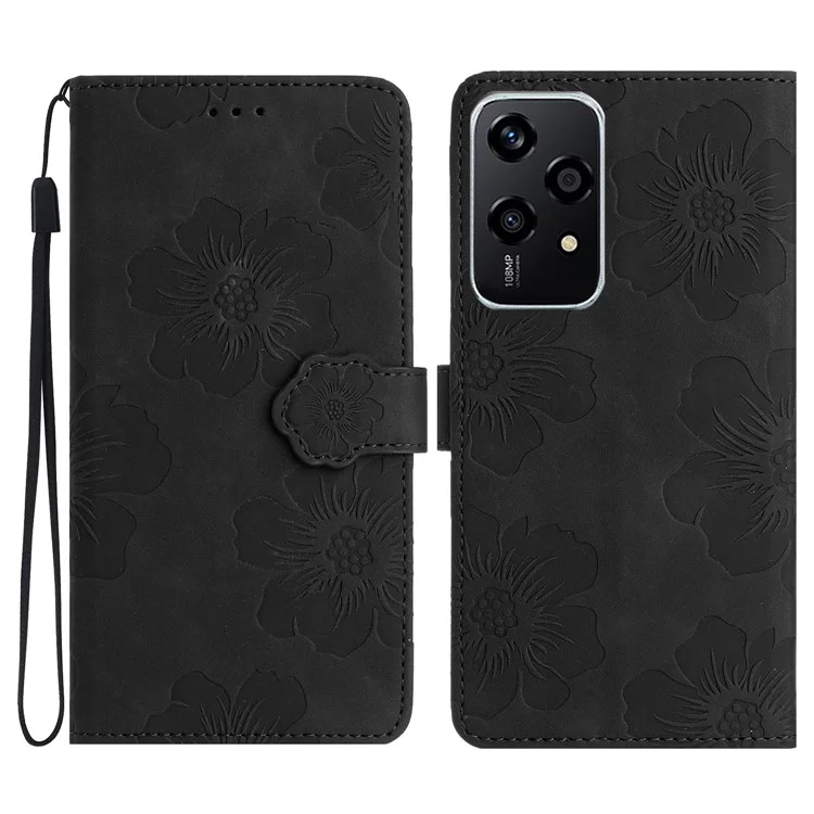 For Honor 200 Lite Case Flower Design Leather Wallet Phone Cover with Wrist Strap - Black