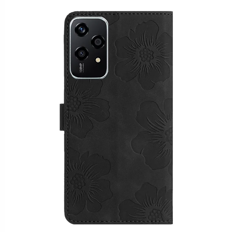 For Honor 200 Lite Case Flower Design Leather Wallet Phone Cover with Wrist Strap - Black