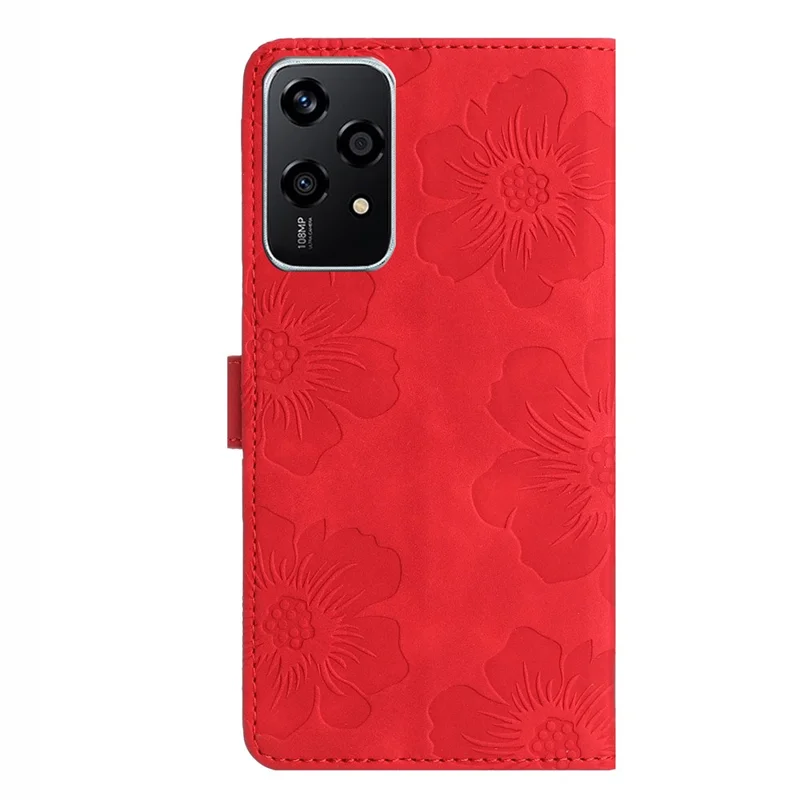 For Honor 200 Lite Case Flower Design Leather Wallet Phone Cover with Wrist Strap - Red