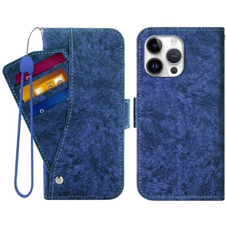 Mobile Phone Case Bag for iPhone 14 Pro Max, PU Leather Water-ink Painting Texture Rotating Card Slots Holder Stand Wallet Cover - Blue