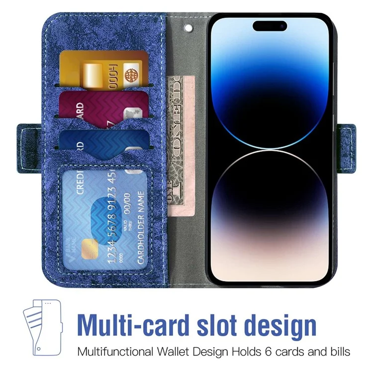 Mobile Phone Case Bag for iPhone 14 Pro Max, PU Leather Water-ink Painting Texture Rotating Card Slots Holder Stand Wallet Cover - Blue
