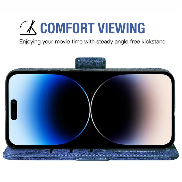 Mobile Phone Case Bag for iPhone 14 Pro Max, PU Leather Water-ink Painting Texture Rotating Card Slots Holder Stand Wallet Cover - Blue