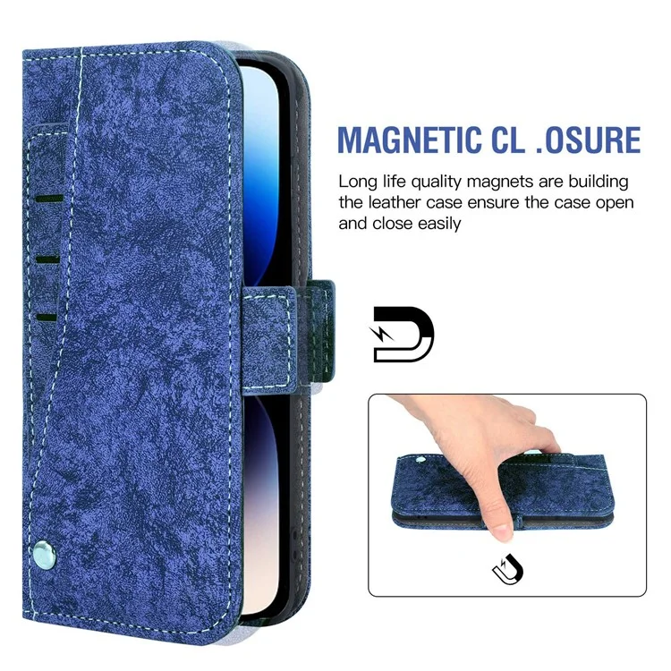 Mobile Phone Case Bag for iPhone 14 Pro Max, PU Leather Water-ink Painting Texture Rotating Card Slots Holder Stand Wallet Cover - Blue
