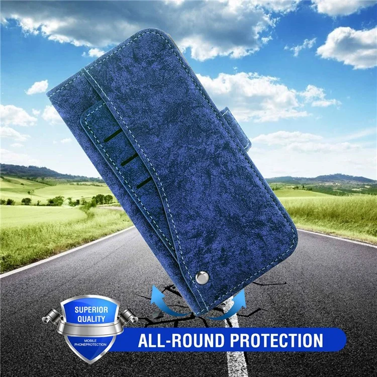 Mobile Phone Case Bag for iPhone 14 Pro Max, PU Leather Water-ink Painting Texture Rotating Card Slots Holder Stand Wallet Cover - Blue