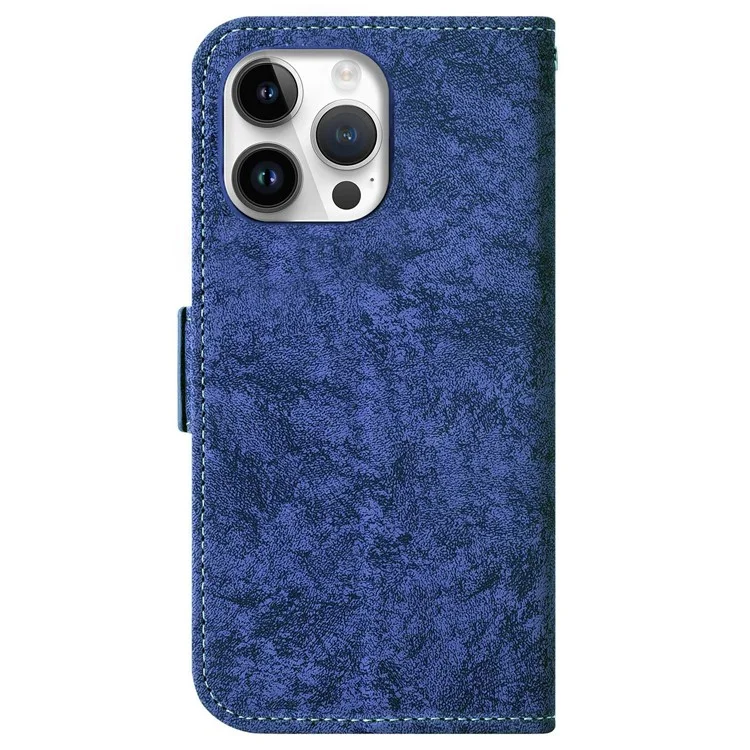 Mobile Phone Case Bag for iPhone 14 Pro Max, PU Leather Water-ink Painting Texture Rotating Card Slots Holder Stand Wallet Cover - Blue