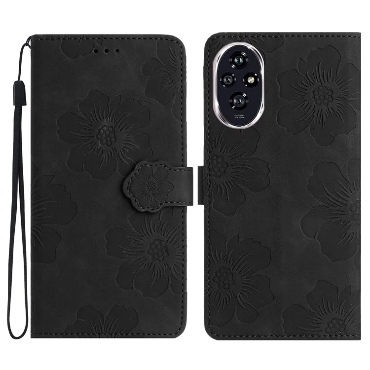 Para Honor 200 Pro 5G Case Design Flower Leather Carteira Tampa Com Pulseira de Pulso - Preto