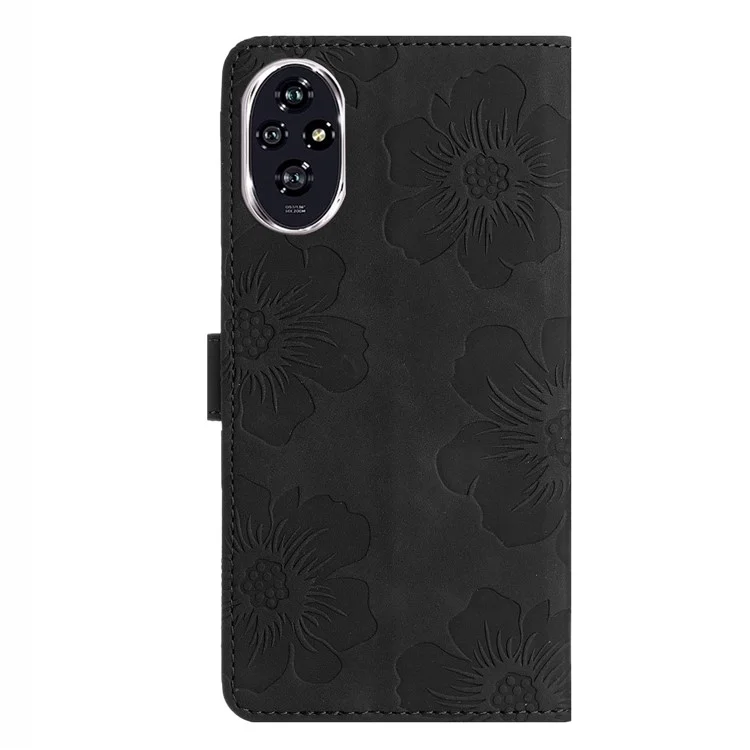 Para Honor 200 Pro 5G Case Design Flower Leather Carteira Tampa Com Pulseira de Pulso - Preto