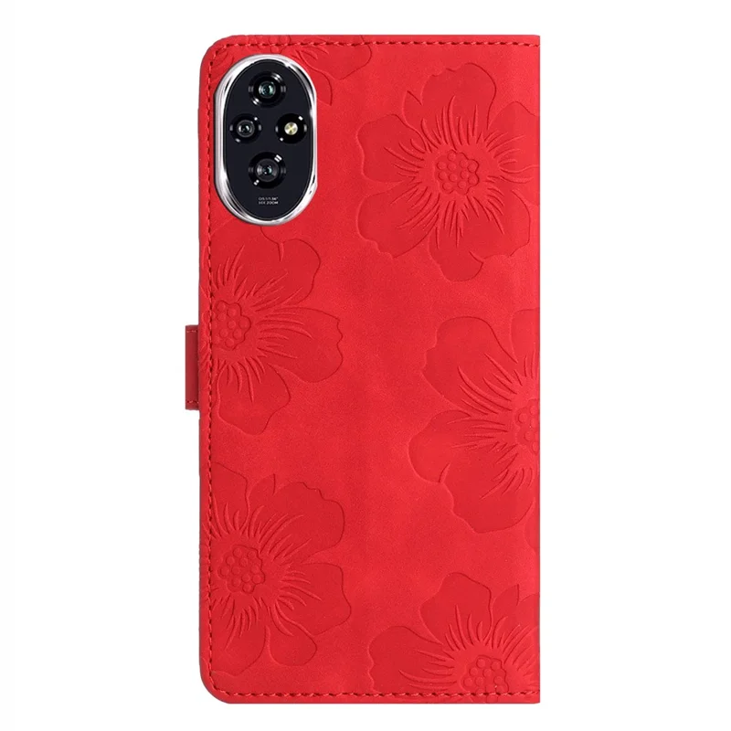 For Honor 200 Pro 5G Case Flower Design Leather Wallet Phone Cover with Wrist Strap - Red