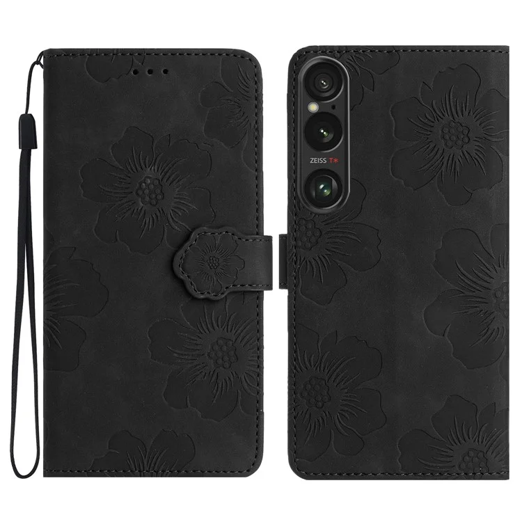 Для Sony Xperia 1 vi Case Case Design Design Кожаная Крышка Телефона Кошелька с Ремешком Для Запястья - Черный