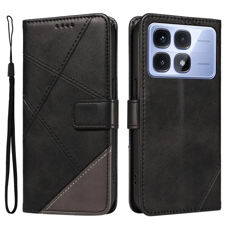 For Xiaomi Redmi K70 Ultra Case Leather Geometric Line Wallet Phone Cover with Wrist Strap - Black