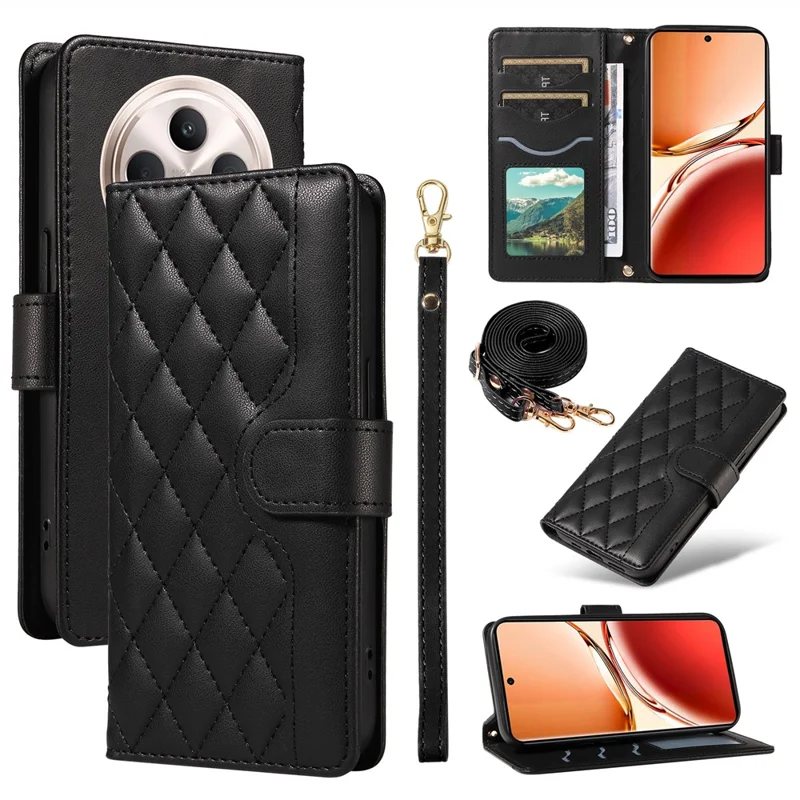 Para Oppo Reno12 F 5G Case Wallet Rhombus Leather Phone Cover com Alça de Ombro, Alça de Pulso - Preto