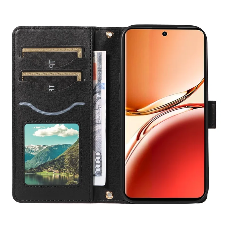 Para Oppo Reno12 F 5G Case Wallet Rhombus Leather Phone Cover com Alça de Ombro, Alça de Pulso - Preto
