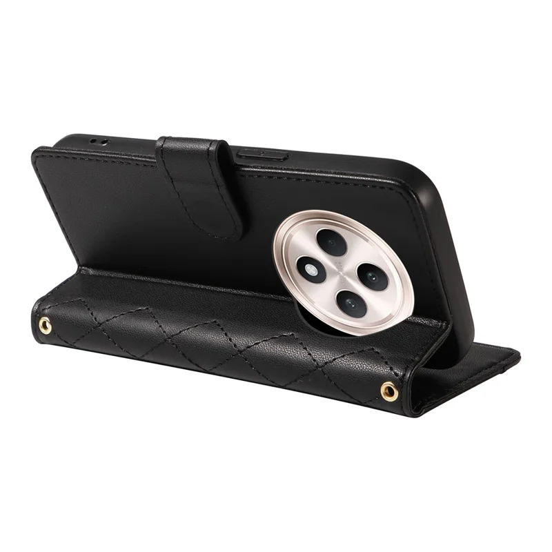 Para Oppo Reno12 F 5G Case Wallet Rhombus Leather Phone Cover com Alça de Ombro, Alça de Pulso - Preto