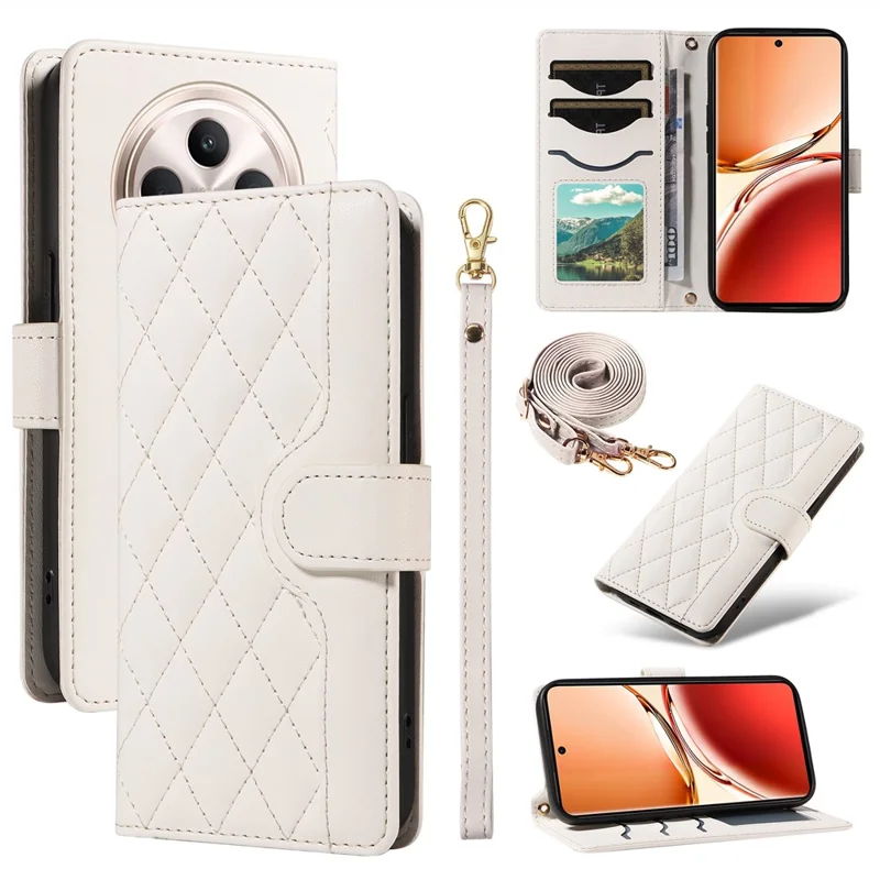 For Oppo Reno12 F 5G Case Wallet Rhombus Leather Phone Cover with Shoulder Strap, Wrist Strap - White