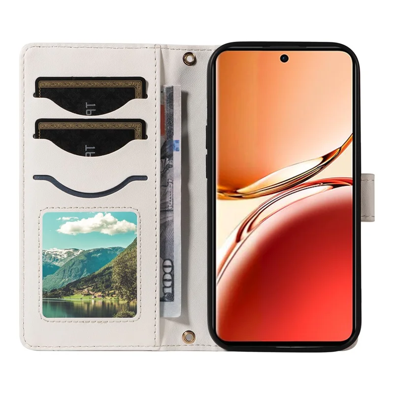 For Oppo Reno12 F 5G Case Wallet Rhombus Leather Phone Cover with Shoulder Strap, Wrist Strap - White