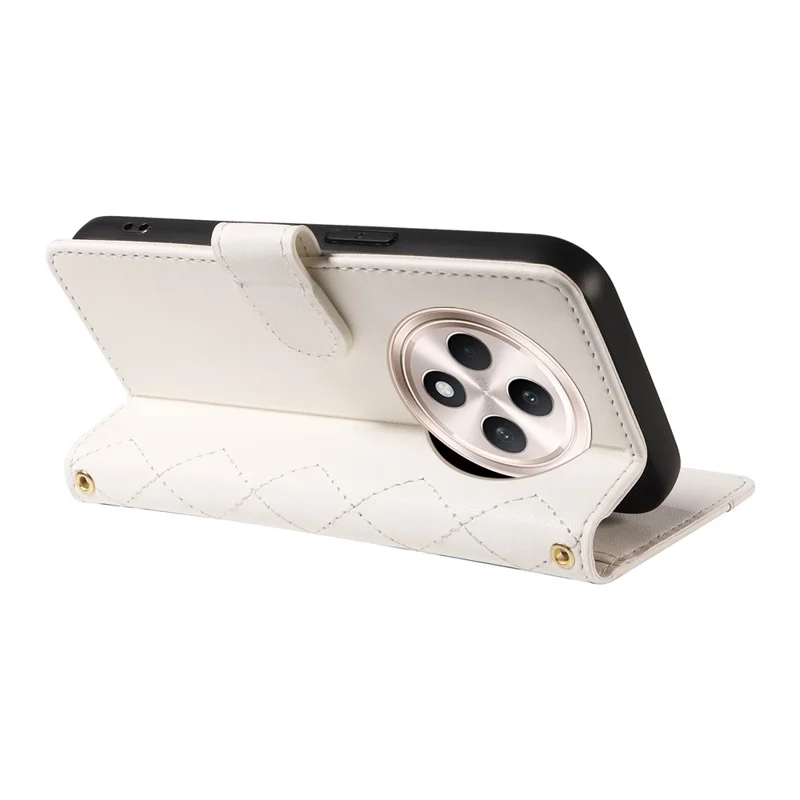For Oppo Reno12 F 5G Case Wallet Rhombus Leather Phone Cover with Shoulder Strap, Wrist Strap - White