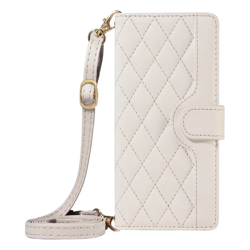 For Oppo Reno12 F 5G Case Wallet Rhombus Leather Phone Cover with Shoulder Strap, Wrist Strap - White