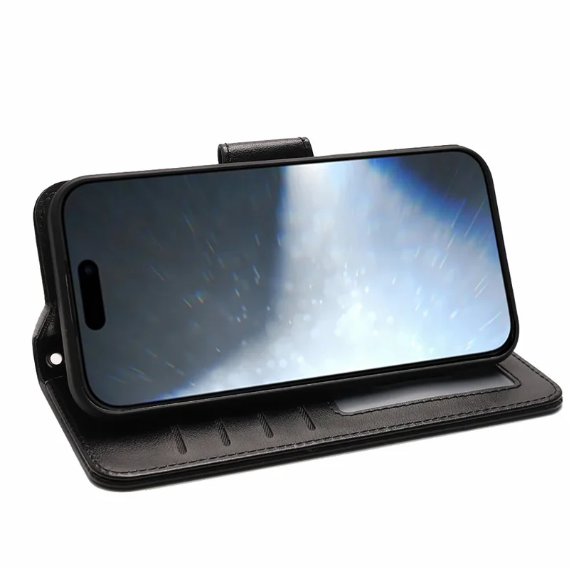 For iPhone 16 Case Card Holder Wallet Leather Phone Cover Stand - Black